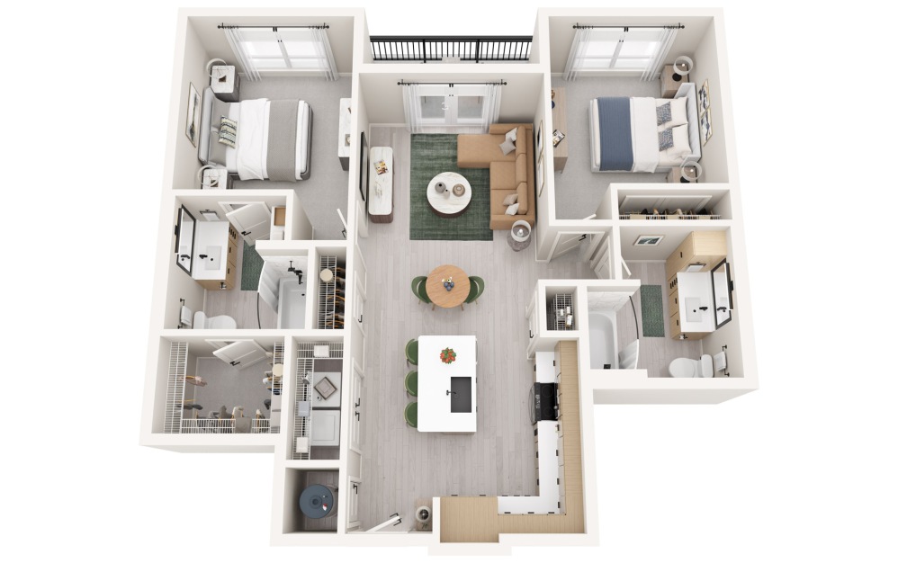 B1 ADU *INCOME LIMITS APPLY* - 2 bedroom floorplan layout with 2 bathrooms and 1020 square feet (3D)