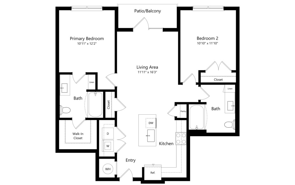 B1 ADU *INCOME LIMITS APPLY* - 2 bedroom floorplan layout with 2 bathrooms and 1020 square feet (2D)