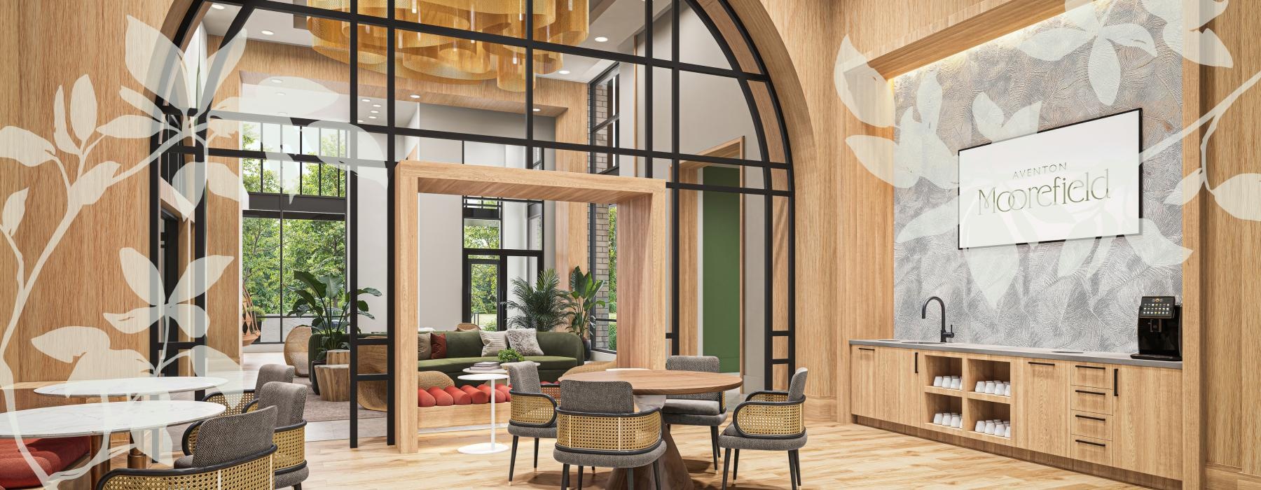 a room with a table chairs and a sign